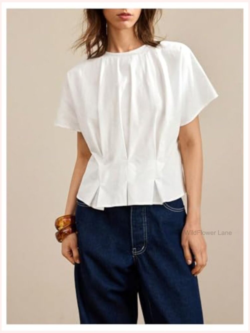 Pleated Ruffle Blouse Top Short Sleeve Dressy Crewneck Summer Shirt - Picture 3 of 5